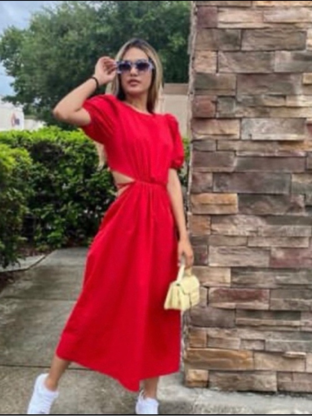 Zara Red Backless Poplin Puff-Sleeve Midi Dress XS